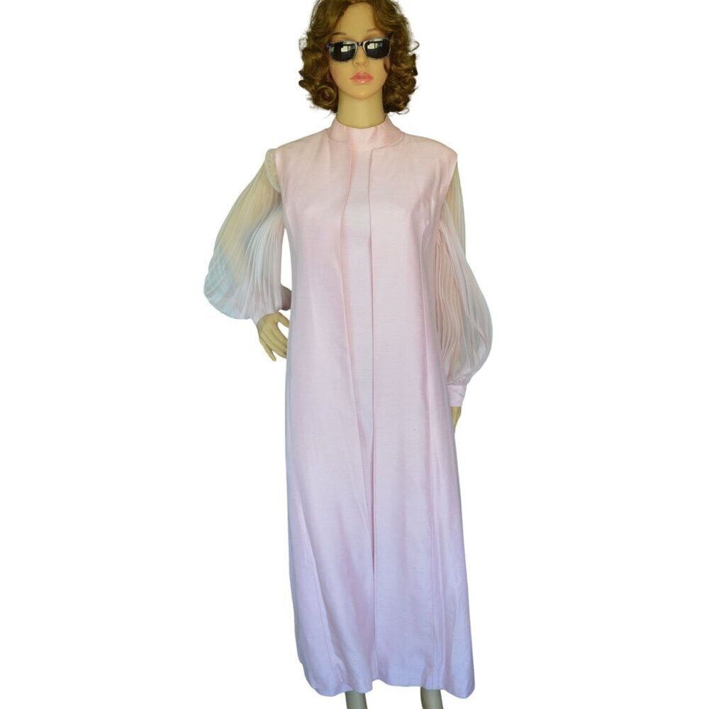 Vintage 60s 2 Piece Dress Duster Pastel Pink Silk Accordion Bishop Sleeve Size 9